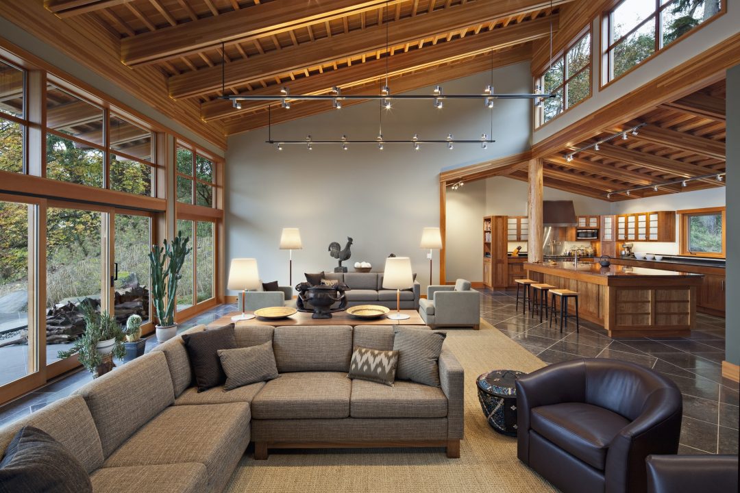 Warm residential living room with wood detailing and comfortable seating