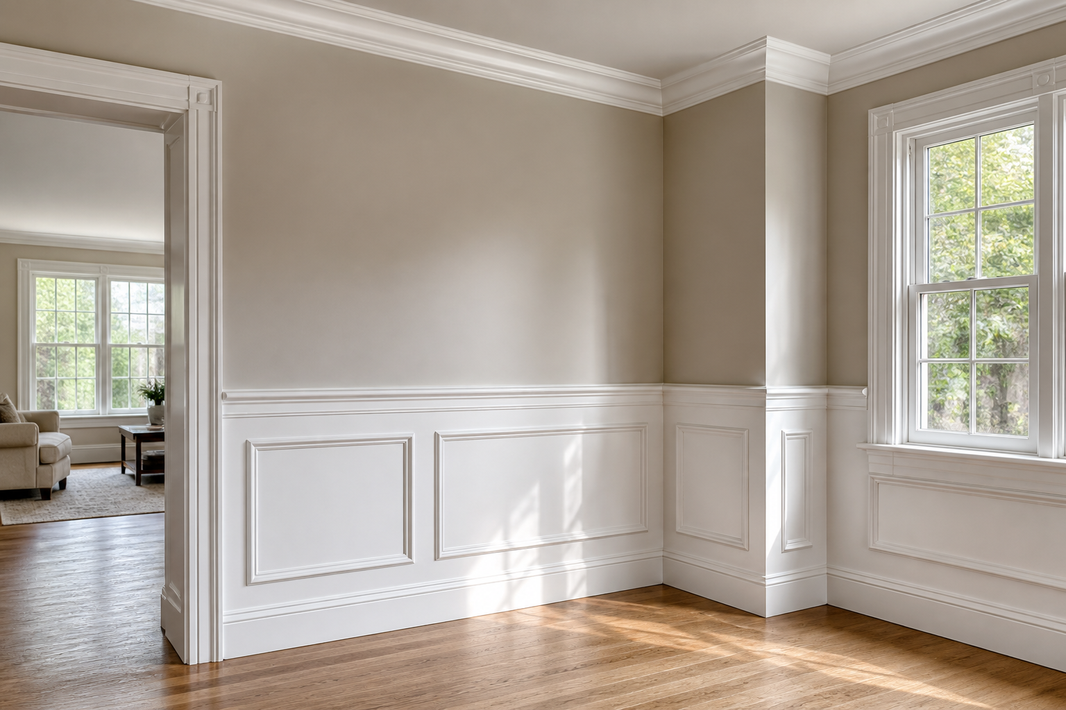 White wainscoting, layered crown moulding and detailed interior trim in a residential room