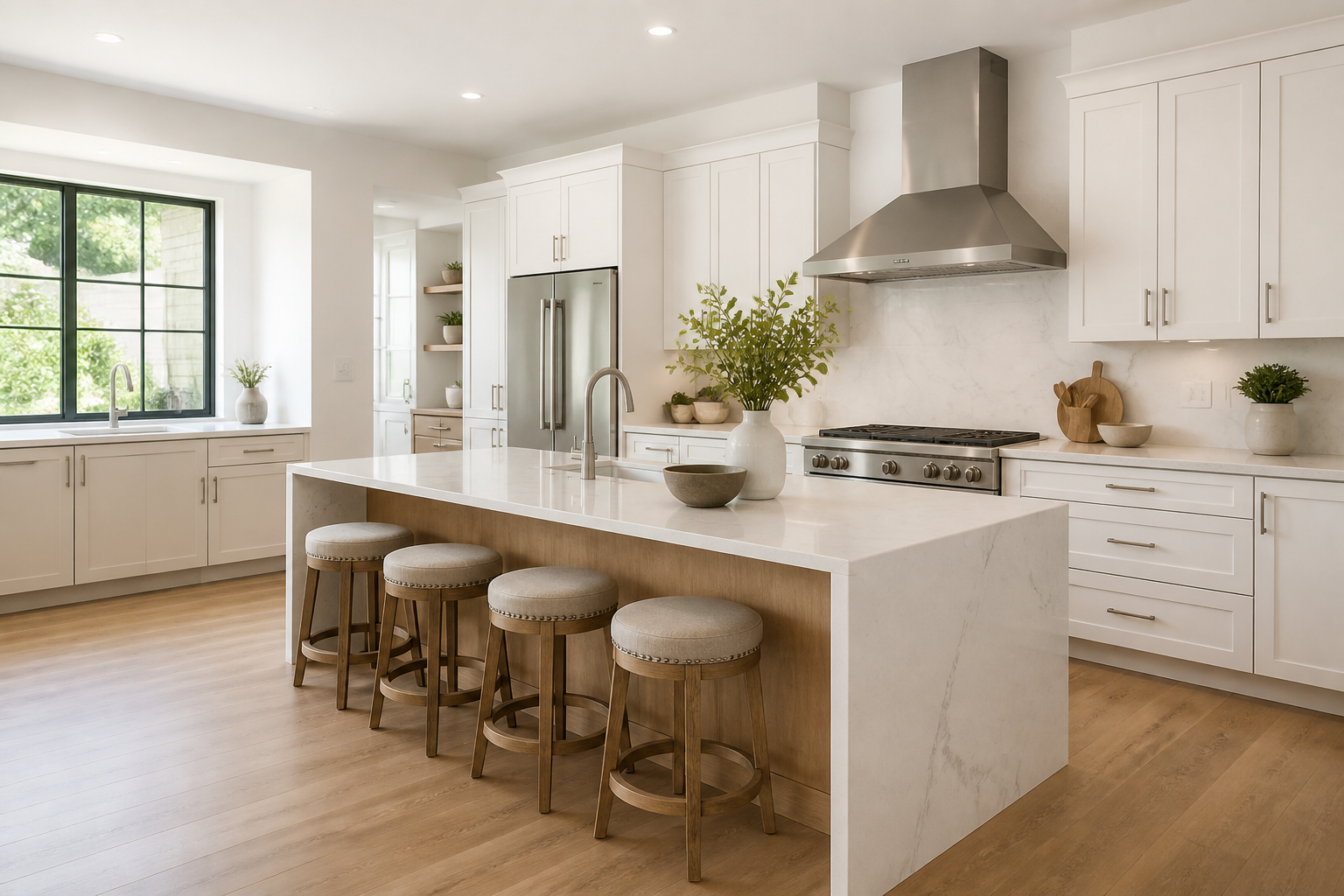 Bright kitchen with island seating and white cabinetry