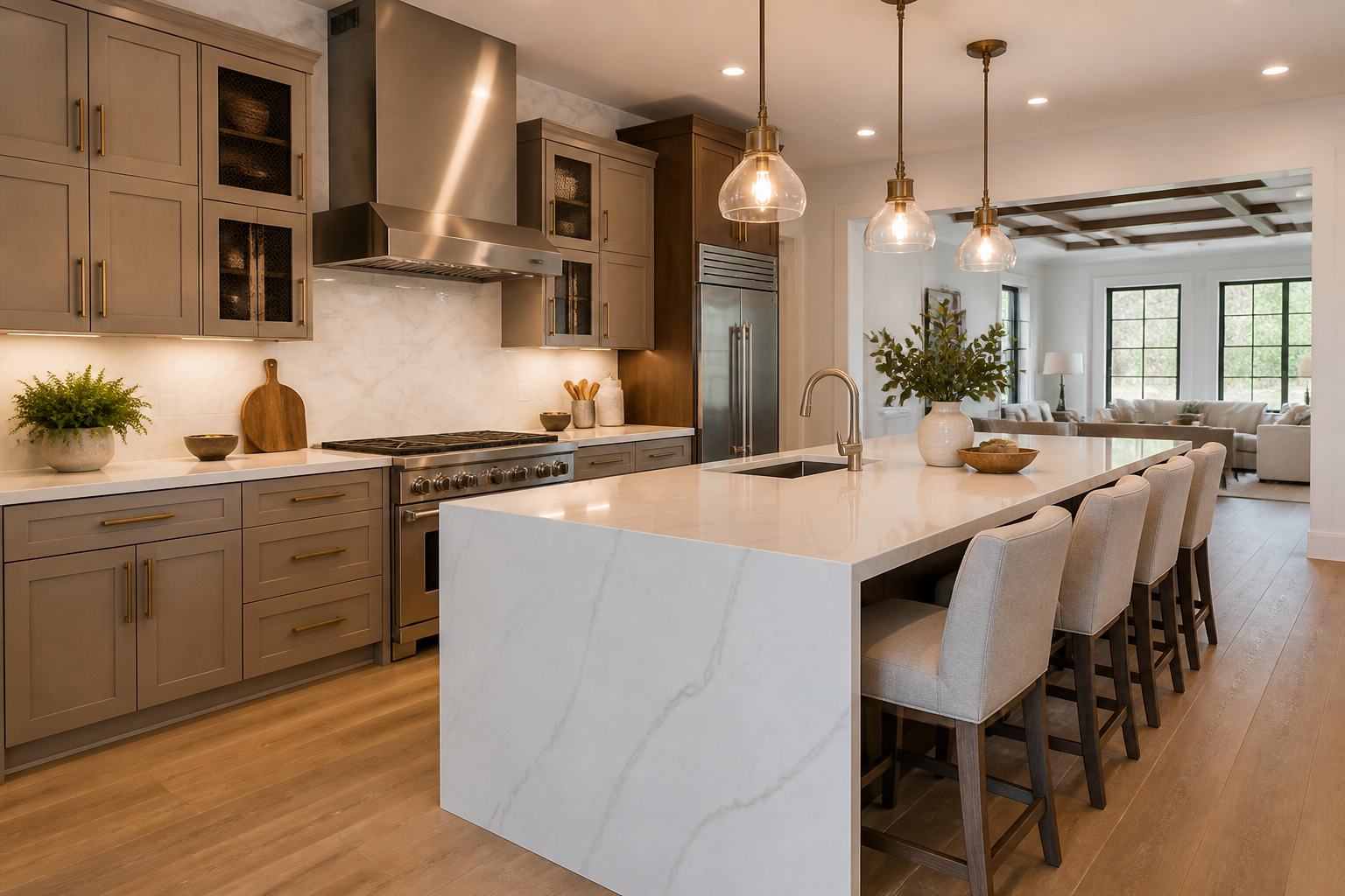 Spacious kitchen with a chimney-style range hood and quartz waterfall island
