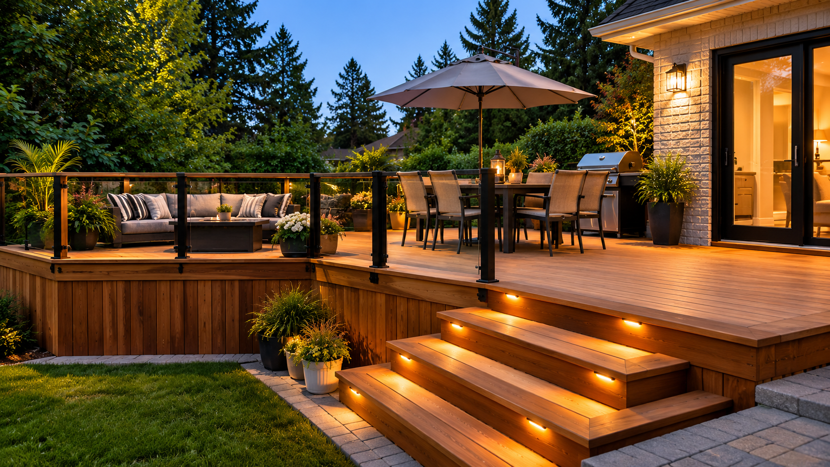Custom outdoor deck with glass railings, dining area and landscape lighting