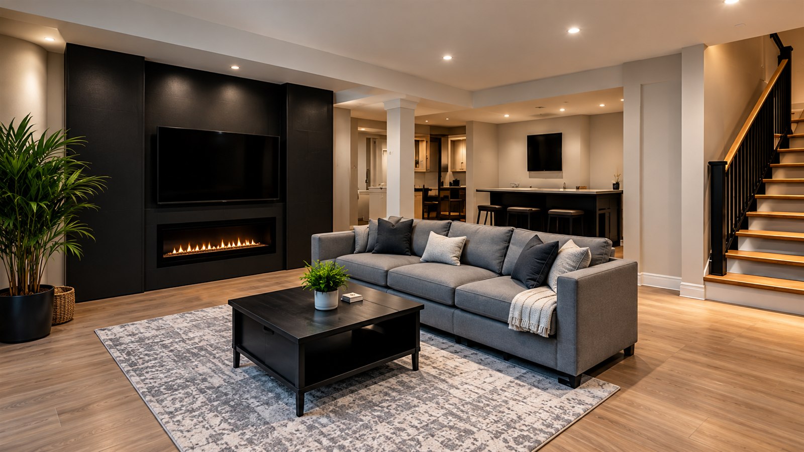Finished basement renovation with fireplace, media wall, bar and comfortable seating