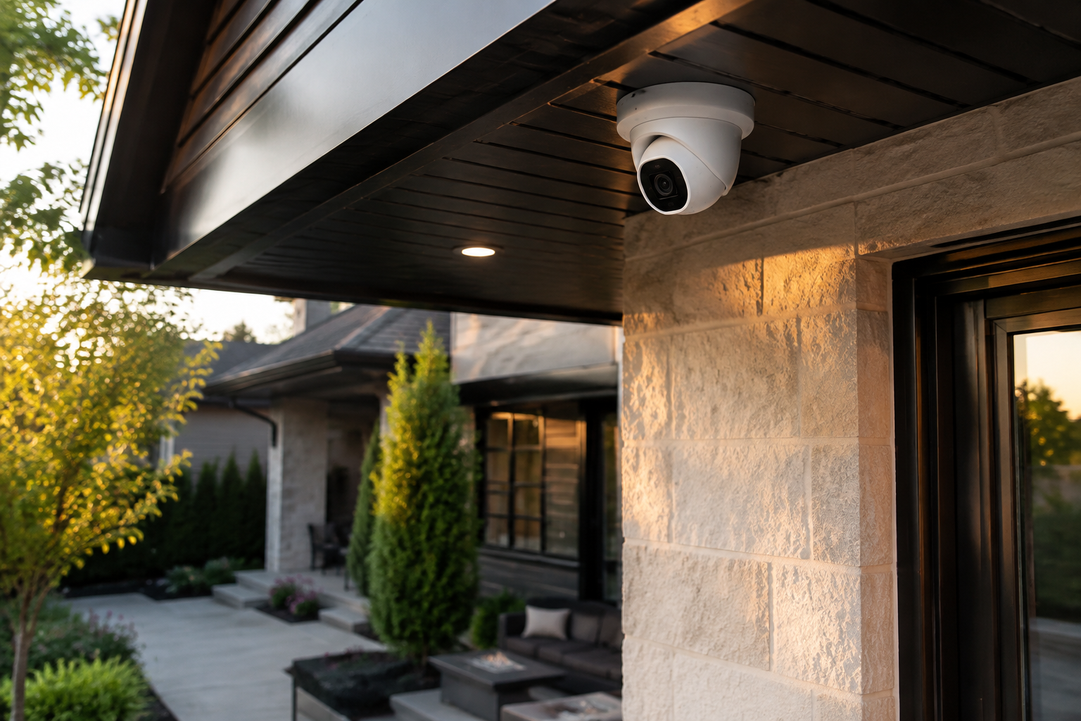 Modern residential security camera professionally installed beneath a home soffit