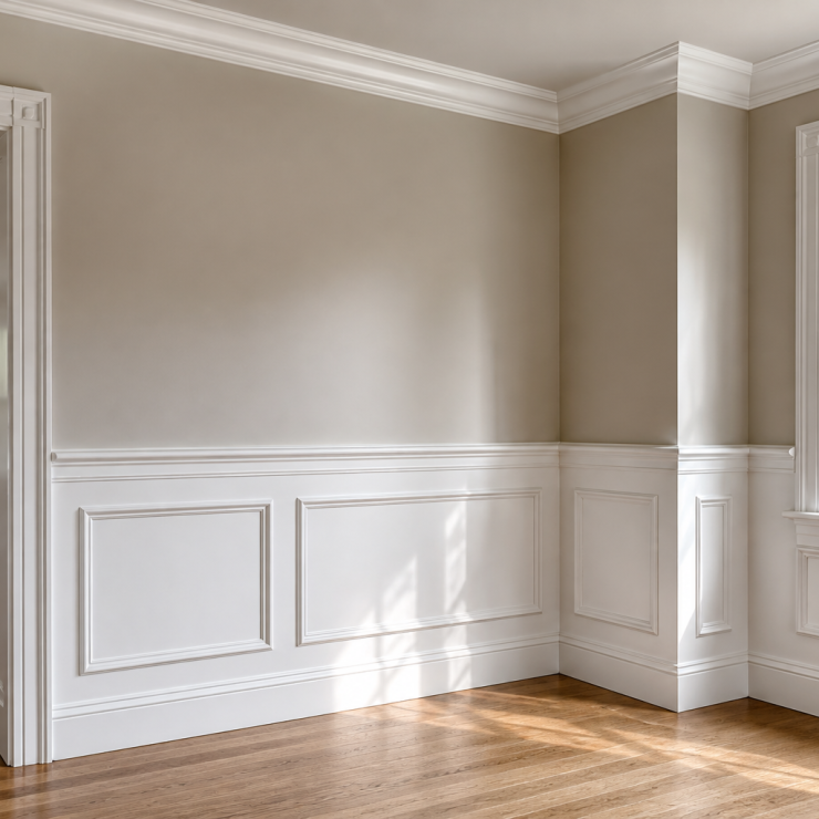 White wainscoting, layered crown moulding and detailed interior trim in a residential room