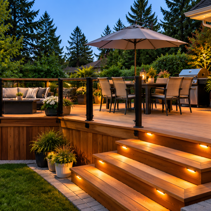 Custom outdoor deck with glass railings, dining area and landscape lighting
