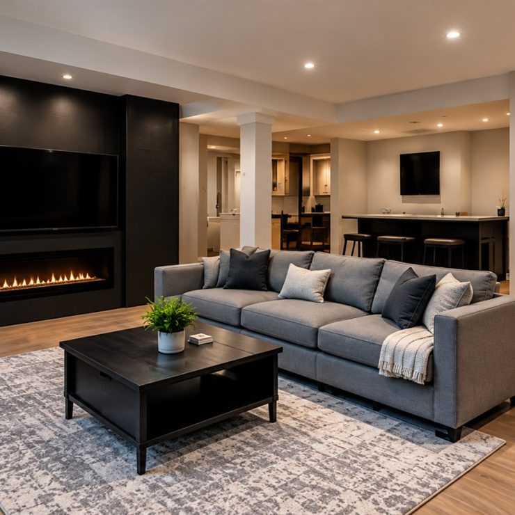 Finished basement renovation with fireplace, media wall, bar and comfortable seating