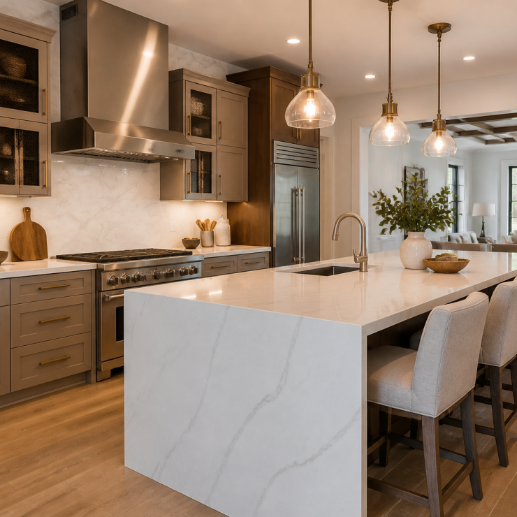 Spacious kitchen with a chimney-style range hood and quartz waterfall island