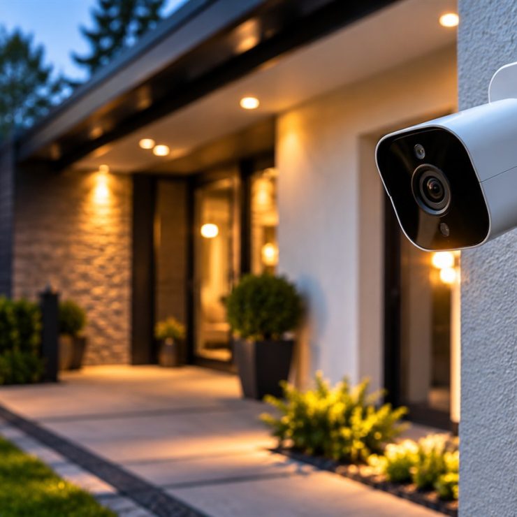 Modern residential home security camera installed beside an illuminated entrance